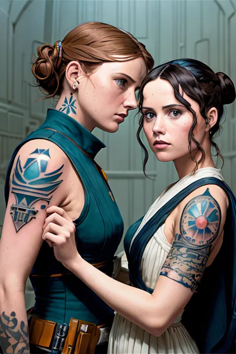 Felicity jones as Jyn erso in sexy space gown ((tattoos)), on the deathstar oil painting by the brothers hildebrandt, ralph mcquarrie, Ed Blinkey, Atey Ghailan, Studio Ghibli, by Jeremy Mann, Greg Manchess, Antonio Moro, trending on ArtStation, trending on CGSociety, Intricate, High Detail, Sharp focus, dramatic, photorealistic painting art by midjourney and greg rutkowski