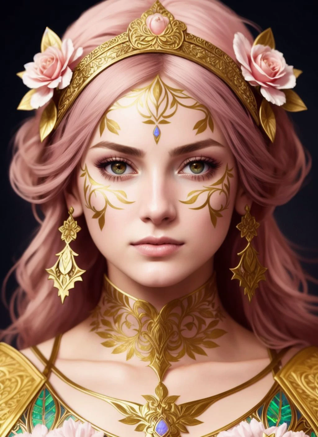 modelshoot style (symmetry:1.1) (portrait of floral:1.05) a woman as a beautiful goddess, (assassins creed style:0.8), pink and gold and opal color scheme, beautiful intricate filegrid facepaint, intricate, elegant, highly detailed, digital painting, artstation, concept art, smooth, sharp focus, illustration, art by greg rutkowski and alphonse mucha, 8k