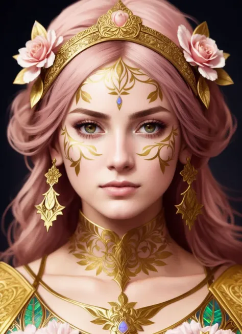 modelshoot style (symmetry:1.1) (portrait of floral:1.05) a woman as a beautiful goddess, (assassins creed style:0.8), pink and gold and opal color scheme, beautiful intricate filegrid facepaint, intricate, elegant, highly detailed, digital painting, artstation, concept art, smooth, sharp focus, illustration, art by greg rutkowski and alphonse mucha, 8k