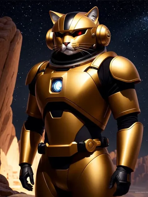 (extremely detailed CG octane render 8k wallpaper), full shot body photo of a (((sci-fi))) astronaut ((cat)), red details, gold details, bionic battle suit, a black hexagonal futuristic alien landscape in the background, ornate, shiny, polished, metallic, professional majestic oil painting by Ed Blinkey, Atey Ghailan, Studio Ghibli, by Jeremy Mann, Greg Manchess, Antonio Moro, trending on ArtStation, trending on CGSociety, Intricate, High Detail, Sharp focus, dramatic, by midjourney, realism, beautiful and detailed lighting, shadows, by Jeremy Lipking, by Antonio J. Manzanedo, by Frederic Remington, by HW Hansen, by Charles Marion Russell, by William Herbert Dunton
