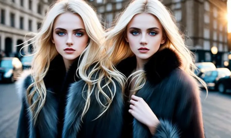 2girls , multiply girls, detailed, highres, color photograph 21 year old top model kiss , big eyes, blonde long flipping hair, realistic skin texture,(freckles:0.9), (acne:0.9), blue erotic lingerie and (open black fur coat) , , golden hour, london , (film grain), ISO3200
