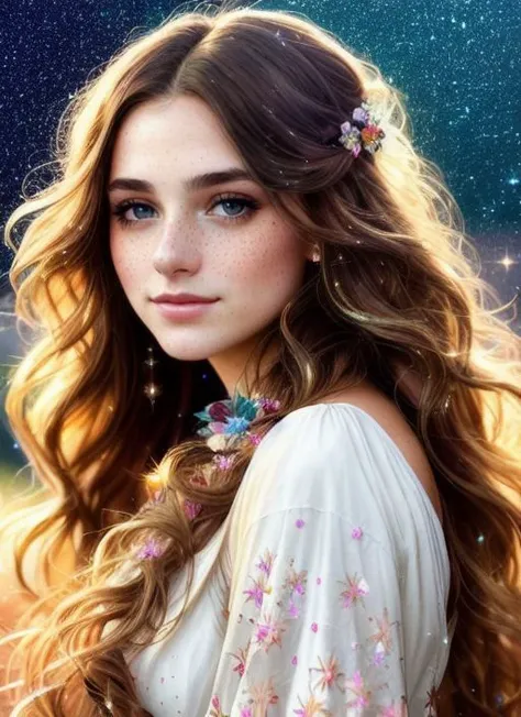 photorealistic painting ((full body)) portrait of ((stunningly attractive)) a woman at a music festival, ((perfect feminine face)), (+long colorful wavy hair), (+glitter freckles), glitter, wearing a dress, intricate, 8k, highly detailed, volumetric lighting, digital painting, intense, sharp focus, art by artgerm and rutkowski and alphonse mucha, cgsociety