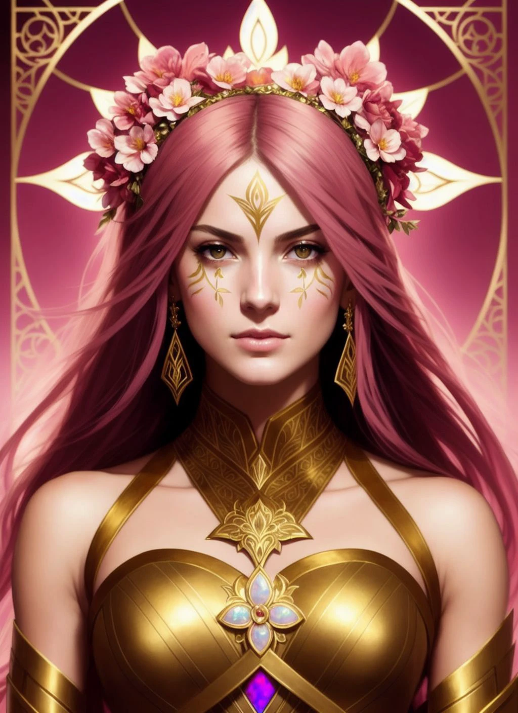 modelshoot style (symmetry:1.1) (portrait of floral:1.05) a woman as a beautiful goddess, (assassins creed style:0.8), pink and gold and opal color scheme, beautiful intricate filegrid facepaint, intricate, elegant, highly detailed, digital painting, artstation, concept art, smooth, sharp focus, illustration, art by greg rutkowski and alphonse mucha, 8k