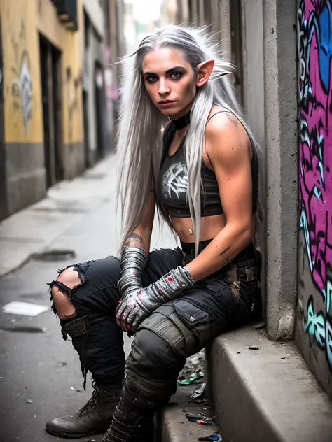 award winning RAW color photo of woman with long silver hair and elf ears wearing tactical cargo pants crop top fingerless gloves sitting in an alleyway littered with trash and graffiti, dirty, torn clothes, detailed seductive alluring eyes, (shiny skin), shallow depth of field, high contrast, backlighting, bloom, light sparkles, chromatic aberration, smooth, sharp focus, taken on a mirrorless camera