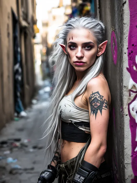 award winning RAW color photo of woman with long silver hair and elf ears wearing tactical cargo pants crop top fingerless gloves in an alleyway littered with trash and graffiti, dirty, torn clothes, detailed seductive alluring eyes, (shiny skin), shallow depth of field, high contrast, backlighting, bloom, light sparkles, chromatic aberration, smooth, sharp focus, taken on a mirrorless camera