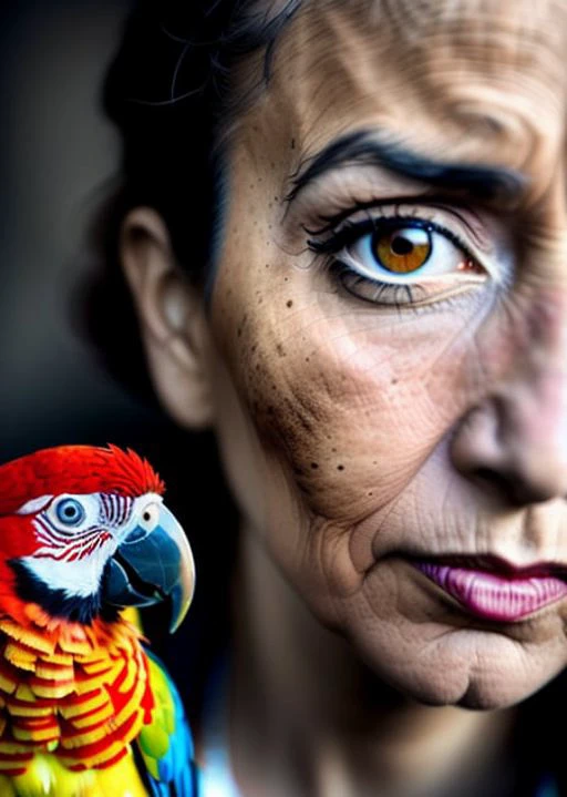 Elderly lady with parrot; Close up portrait, ambient light, Nikon 15mm f/1.8G, by Lee Jeffries, Alessio Albi, Greg Rutkowski