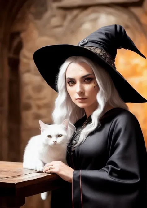 (extremely detailed CG unity 8k wallpaper), tiktok photo of the most beautiful artwork in the world, medieval witch and her cat, black-grey robes, (small hat), shiny eyes, pearl skin, intricate detail, lace, medieval architecture, professional majestic oil painting, Intricate material, coarse, High Detail, patterns, runes, (runic face tattoos), carvings, (slim:1.5), (thin), glowing mystical, Sharp focus, dramatic, photorealistic painting art, hands on hips, ( white hair ), spells, grey-orange-black colors, (freckles:0.94), angry pose, (scar:0.9), (pores:1.2), (amateur:1.3), posing with a cat on a table