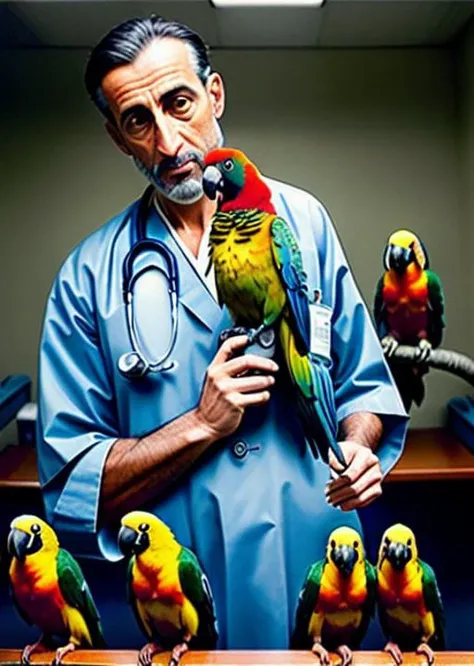 female doctor with parrots in a hospital; canon 6d, 35mm lens f22, sharp focus; by Martin Wittfooth, Alessio Albi, by Annie Leibovitz, by Lee Jeffries, realistic, intricate. maximalism