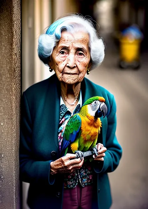 Portrait of an elderly lady with a "pet parrot"; ambient light, Nikon 15mm f/1.8G, by Alessio Albi, by Annie Leibowitz, by Lee Jeffries