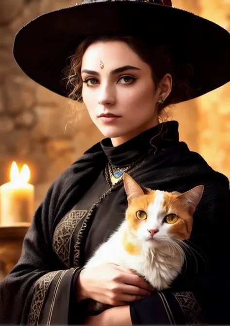 (extremely detailed CG unity 8k wallpaper), tiktok photo of the most beautiful artwork in the world, medieval witch and her cat, black-grey robes, (small hat), shiny eyes, pearl skin, intricate detail, lace, medieval architecture, professional majestic oil painting, Intricate material, coarse, High Detail, patterns, runes, (runic face tattoos), carvings, (slim:1.5), (thin), glowing mystical, Sharp focus, dramatic, photorealistic painting art, hands on hips, ( spiky hair ), spells, red-yellow-white colors, (freckles:0.94), angry pose, (scar:0.9), (pores:1.2), (amateur:1.3), posing with a cat on a table