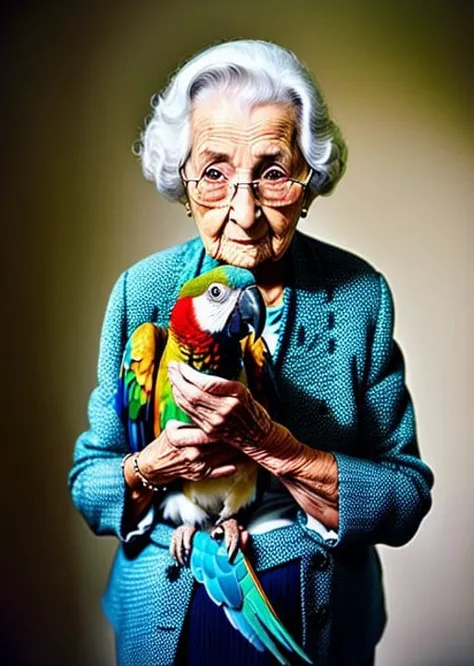 Portrait of an elderly lady with a "pet parrot"; studio light, Nikon 15mm f/1.8G, by Alessio Albi, by Annie Leibowitz