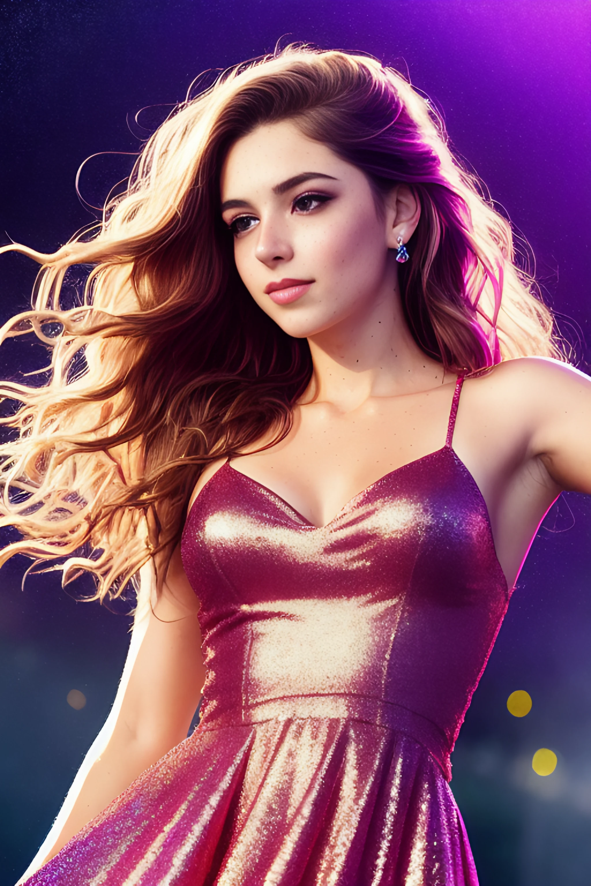 photorealistic (dynamic pose)++, dancing+++ portrait of (stunningly attractive)++ a woman at a music festival, (perfect feminine face)+, (long colorful wavy hair)+, (glitter freckles)+, glitter, wearing a dress, intricate, 8k, highly detailed, volumetric lighting, digital painting, intense, sharp focus, (slightly underexposed)++