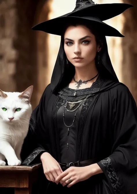 (extremely detailed CG unity 8k wallpaper), tiktok photo of the most beautiful artwork in the world, medieval witch and her cat, black-grey robes, (small hat), shiny eyes, pearl skin, intricate detail, lace, medieval architecture, professional majestic oil painting, Intricate material, coarse, High Detail, patterns, runes, (runic face tattoos), carvings, (slim:1.5), (thin), glowing mystical, Sharp focus, dramatic, photorealistic painting art, hands on hips, ( slick hair ), spells, black-white-green colors, (freckles:0.94), angry pose, (scar:0.9), (pores:1.2), (amateur:1.3), posing with a cat on a table