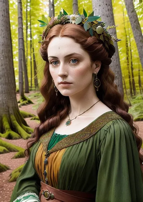 Head and shoulders portrait of The Celtic Forest Goddess Beautiful Woman Melted In With A Cypress Swamp Tree. Hues Of Brown, Ochre, And Dark Green. Mysterious, Fantasy, Concept Art And Aethereal. Hyperdetailed Pre-Raphaelite