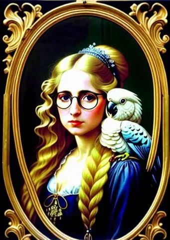 “wire rim” glasses portrait of a beautiful woman with long blonde hair, with a cockatoo; art nouveau rococo architecture; by artist “Steve mccurry” , by artist “Annie Leibovitz”