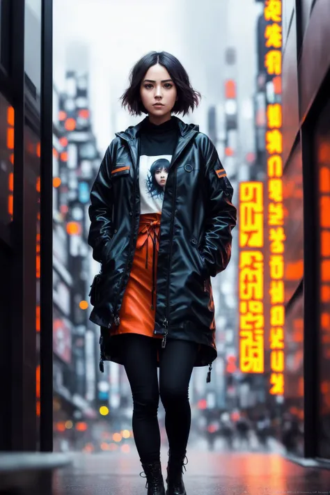 full body shot photo of the most beautiful artwork in the world featuring a modern female girl, sexy, big eyes, urban tokyo futuristic look, neon lights, night, slow motion, reflections, orange raincoat, intricate detail, nostalgia, heart professional majestic oil painting by Ed Blinkey, Atey Ghailan, Studio Ghibli, by Jeremy Mann, Greg Manchess, Antonio Moro, trending on ArtStation, trending on CGSociety, Intricate, High Detail, Sharp focus, dramatic, photorealistic painting art by midjourney and greg rutkowski