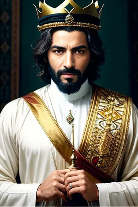 (extremely detailed CG unity 8k wallpaper), full shot body photo of the most beautiful artwork in the world, Arab man medieval ((King)), green vale, golden crown, diamonds, medieval architecture, professional majestic oil painting by Ed Blinkey, Atey Ghailan, Studio Ghibli, by Jeremy Mann, Greg Manchess, Antonio Moro, trending on ArtStation, trending on CGSociety, Intricate, High Detail, Sharp focus, dramatic, photorealistic painting art by midjourney and greg rutkowski