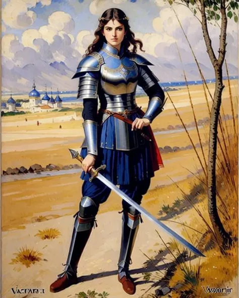 Joann of Arcin in full steel knight armor with a simple sword in his right hand portrayed by Alexandra Daddario, highly detailed, heart professional majestic oil painting by Vasily Surikov, Victor Vasnetsov, Konstantin Makovsky, trending on ArtStation, trending on CGSociety, Intricate, High Detail, Sharp focus, dramatic, photorealistic