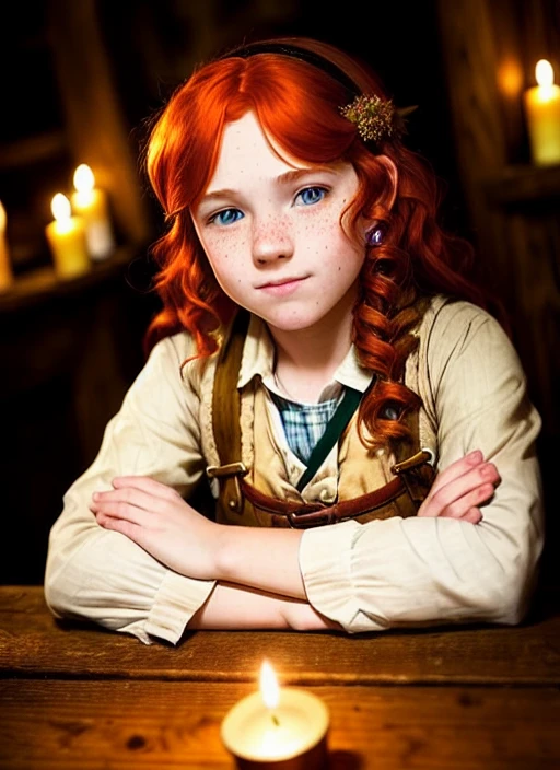 (crowdy tabern:1.2), (Ultra realistic photo:1.3), portrait of 18 years old redhead halfling barmaid, freckles, shy expression, sharp focus, intrincate, highly detailed, fantasy, dungeons and dragons, candles lighting
