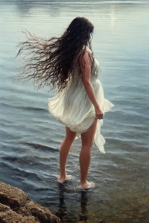 photorealistic painting, ((full body)), of a (beautiful woman), standing in the middle of a lake, (wavy flowing hair in the wind), ankles submerged in water, (reflections), wearing dress, wet hair, symbolic, facing away from camera, low down view, rule of thirds, in the style of Greg Rutkowski