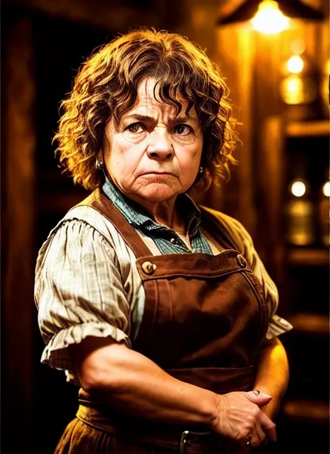 crowdy tabern, (Ultra realistic photo:1.3), portrait of (50 years old:1.3) halfling barmaid, angry and solemn expression, sharp focus, intrincate, highly detailed, fantasy, dungeons and dragons, soft lighting, hands on hips