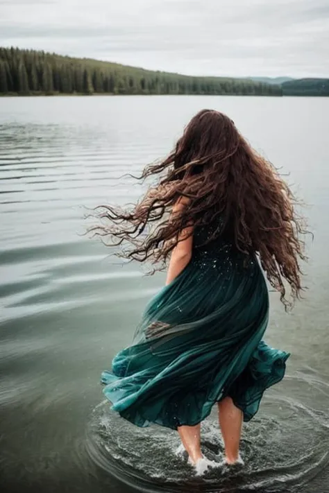 photorealistic painting, ((full body)), of a (beautiful woman), standing in the middle of a lake, (wavy flowing hair in the wind), ankles submerged in water, (reflections), wearing dress, wet hair, symbolic, facing away from camera, low down view, rule of thirds, in the style of Greg Rutkowski