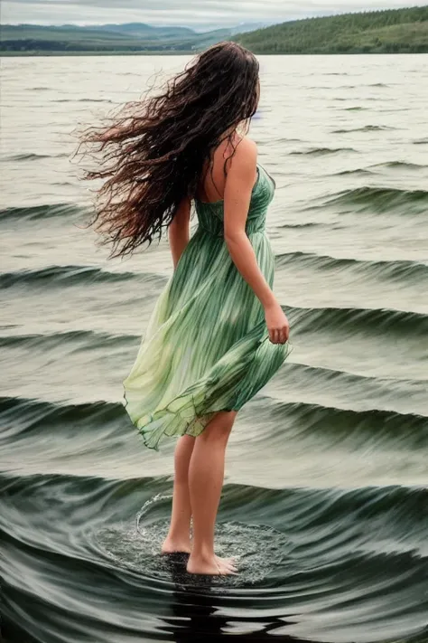 photorealistic painting, ((full body)), of a (beautiful woman), standing in the middle of a lake, (wavy flowing hair in the wind), ankles submerged in water, (reflections), wearing dress, wet hair, symbolic, facing away from camera, low down view, rule of thirds, in the style of Greg Rutkowski