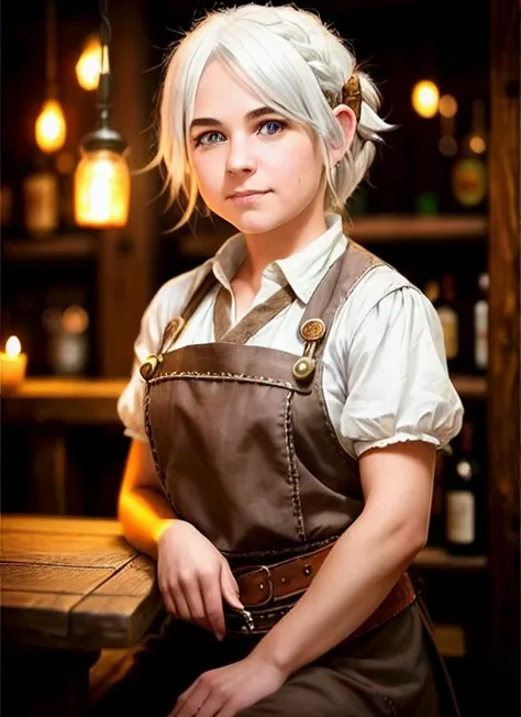 crowdy tabern, (Ultra realistic photo:1.3), adult halfling barmaid, white hair, calm expression, sharp focus, intrincate, highly detailed, fantasy, dungeons and dragons, soft lighting, sat on stool