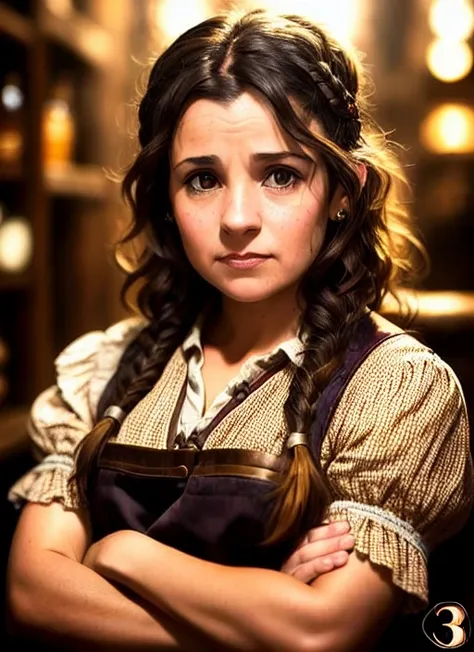 crowdy tabern, Ultra realistic photo, portrait of (35 years old:1.4) adult brunette halfling barmaid, determined expression, sharp focus, intrincate, highly detailed, fantasy, dungeons and dragons, soft lighting