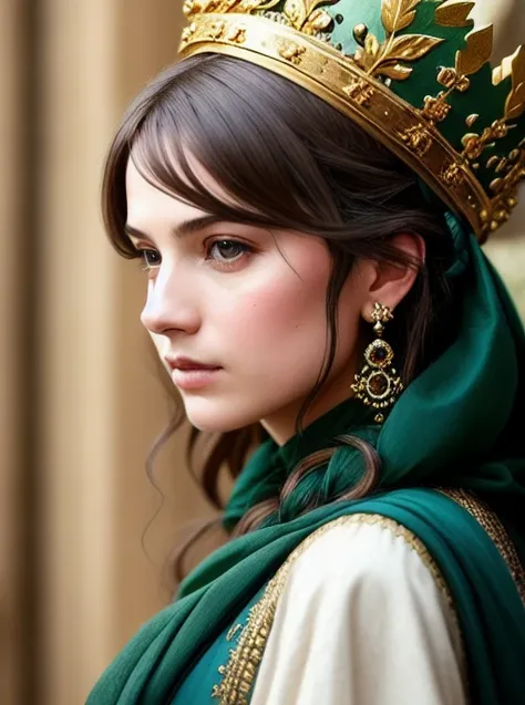 modelshoot style, (extremely detailed CG unity 8k wallpaper), full shot body photo of the most beautiful artwork in the world, english medieval witch, green vale, pearl skin,golden crown, diamonds, medieval architecture, professional majestic oil painting by Ed Blinkey, Atey Ghailan, Studio Ghibli, by Jeremy Mann, Greg Manchess, Antonio Moro, trending on ArtStation, trending on CGSociety, Intricate, High Detail, Sharp focus, dramatic, photorealistic painting art by midjourney and greg rutkowski