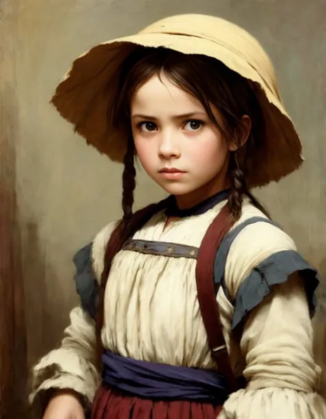 A portrait of poor 14y old peasant girl, in old used 1800 peasant clothing , crazy mad aggressive face and eyes, fantasy, concept art, oil pastel painting , moody gray colors , gritty, messy stylestyle of Malika Favre, Ilya Kuvshinov,  Franz Xaver Winterhalter, Alice Pasquin(cel shaded:1.2), 2d, (oil painting:1.2) highly detailed, jeremy mann