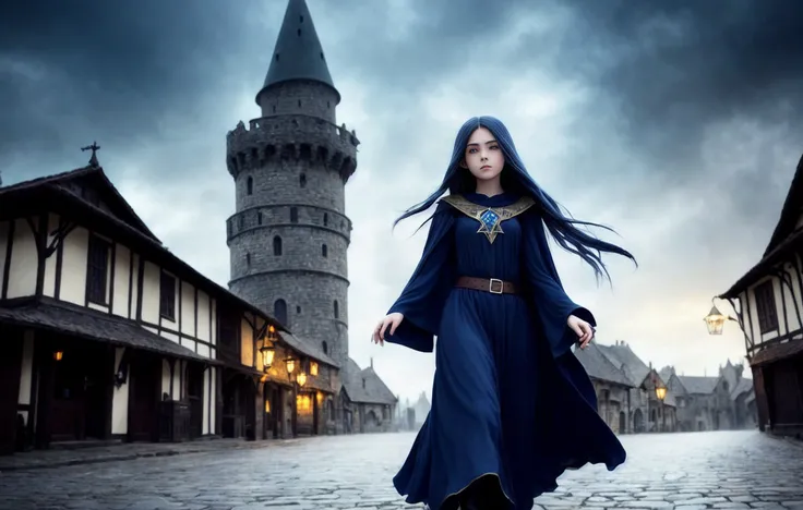 irl, (young sorceress), long hair, hair fluttering in the wind, witch's mantle, fantasy, (magic tower in the background:1.2), facing the camera, saturated colors, bright clothes, half-elf, white hair, blue eyes, slim build, thin arms, wide sleeves, digital art, in the style of artstation trends, full body, heroic pose, beautiful face, blender, unreal, medieval city, tavern, street, stone road, stands in the middle of the road, muted tones, deep shadows, hdr toning, gradient map, global illumination, magical effects, detailed environment, hyperrealism, big eyes, glowing runes, twilight, evening, gloomy atmosphere, beautiful face, 14 years old,