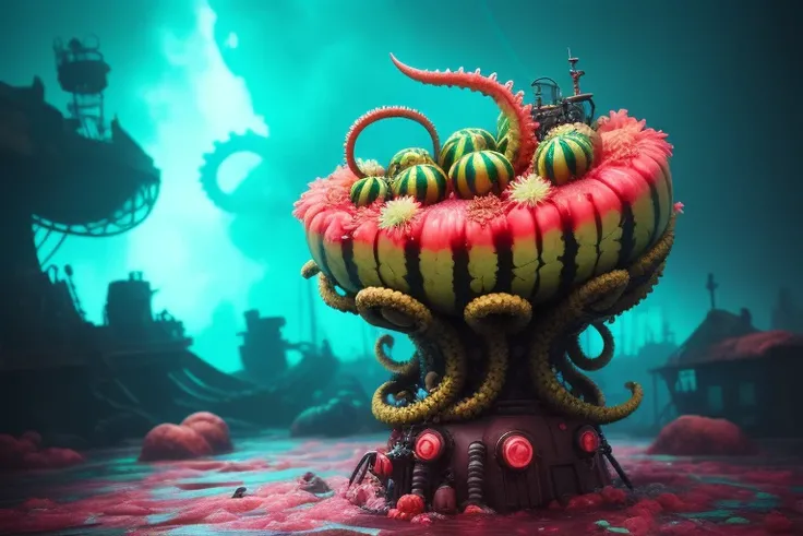 64k uhd, sharp gamma, dan mumford colors, digital extremely detailed painting Artstation coral tentacles - By alexander jansson smeared watermelon pattern floating in the air thick liquid creative - 4k uhd, hyper detailed, ((steampunk)), lovecraft colors, epic composition, octane render, Metal Hellsinger style