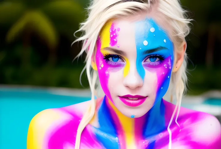 30 year old woman, naked , ((detailed facial features)), ((wide angle)), (colorful body paint), skinny, anorexic, pro-ana, tiktok woman, wet, sweating, full body shot, smiling, wearing gold jewelry, dancing, blonde, crystal blue eyes