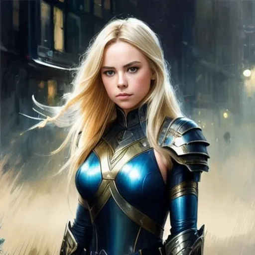 woman, (extremely detailed CG unity 8k wallpaper, hasselblad award winner), ((nsfw:-1.0)), beautiful intricate futuristic armor, dramatic pose, buff body type, full shot body photo of the most beautiful artwork in the world, small breasts, Scandinavian, blonde hair, long hair, blue eyes, professional majestic oil painting by Ed Blinkey, Atey Ghailan, Studio Ghibli, by Jeremy Mann, Greg Manchess, Antonio Moro, trending on ArtStation, trending on CGSociety, Intricate, High Detail, Sharp focus, dramatic, photorealistic painting art by midjourney and greg rutkowski
