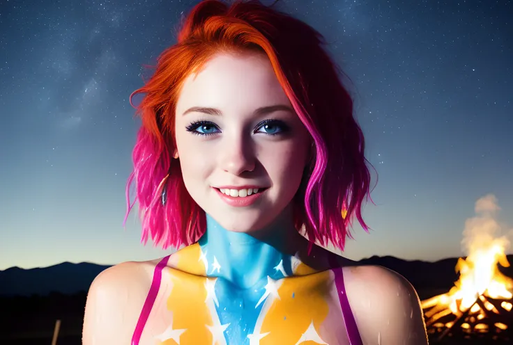 30 year old woman, ((detailed facial features)), ((wide angle)), (colorful body paint), skinny, anorexic, pro-ana, tiktok woman, wet, sweating, full body shot, smiling with joy, wearing gold Celtic jewelry, (dancing around a bonfire at night), red hair, pale skin, freckles, blue eyes, ((stars in the sky)), full moon, dimly lit, low light
