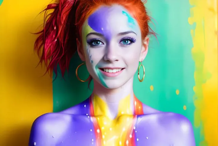 30 year old woman, naked , ((detailed facial features)), ((wide angle)), (colorful body paint), skinny, anorexic, pro-ana, tiktok woman, wet, sweating, full body shot, smiling with joy, wearing gold jewelry, dancing, redhead, bright green eyes