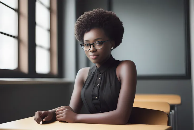 masterpiece, highest quality, 4k, High detail RAW color Photo of (black woman) (20 year old:1.6) girl in a classroom sitting on the teacher desk, (wearing a sun dress, thigh highs, high heels, sexy glasses), (armpits, arms up, hands behind the head), (perfect long legs), (perfect slim body), petite, feminine, hyperrealistic, symmetrical, highly detailed, perfect skin, hasselblad, gigapixel, skin pores, high detail hair, (sharp body), detailed body, on focus, (gorgeous face, innocent face, smile, sexy look), detailed face, shadows, perfect lighting