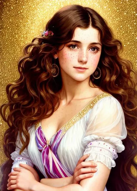 (photorealistic:1.2) painting (full body:1.2) portrait of (stunningly attractive:1.2) young woman in studio, (ultra-detailed:1.1), (perfect feminine face:1.3), (long colorful wavy hair:1.2), (glitter freckles:1.1), glitter, wearing a dress, intricate, 8k, highly detailed, (rim lighting:1.4), intense, sharp focus, art by artgerm and rutkowski and alphonse mucha, cgsociety