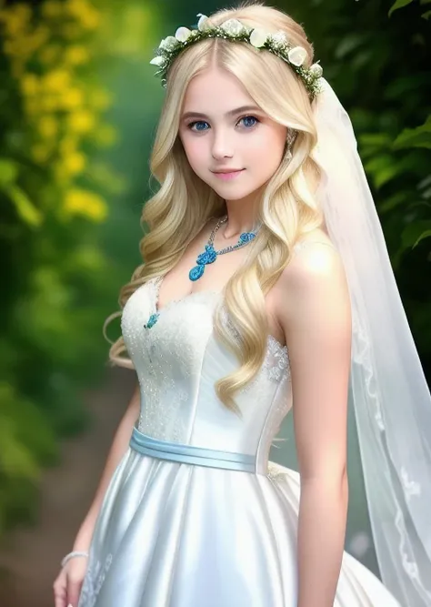modelshoot style, (extremely detailed CG unity 8k wallpaper), full shot body photo of the most beautiful artwork in the world, ((18y old white girl)),very long hair,light blonde hair, blue eyes ,(white lace),((( wedding dress))), flower crown, light smile,beautiful detailed blue necklace,