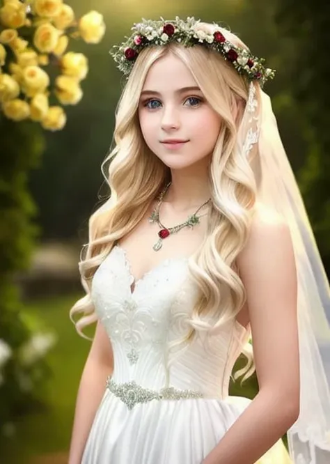 modelshoot style, (extremely detailed CG unity 8k wallpaper), full shot body photo of the most beautiful artwork in the world, ((18y old white girl)),very long hair,light blonde hair, blue eyes ,(white lace),((( wedding dress))), flower crown, light smile,beautiful detailed ruby necklace,
