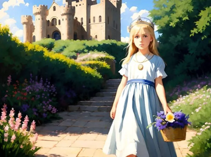modelshoot style, (extremely detailed CG unity 8k wallpaper), full shot body photo of the most beautiful artwork in the world, (14y old beautiful byzantine girl,light blonde hair, blue eyes, wearing byzantine princess dress, byzantine crown on the head, wearing a beautiful necklace), (waving a bright flower basket in front of a castle),professional majestic oil painting by Ed Blinkey, Atey Ghailan, Studio Ghibli, by Jeremy Mann, Greg Manchess, Antonio Moro, trending on ArtStation, trending on CGSociety, Intricate, High Detail, Sharp focus, dramatic, photorealistic painting art by midjourney and greg rutkowski