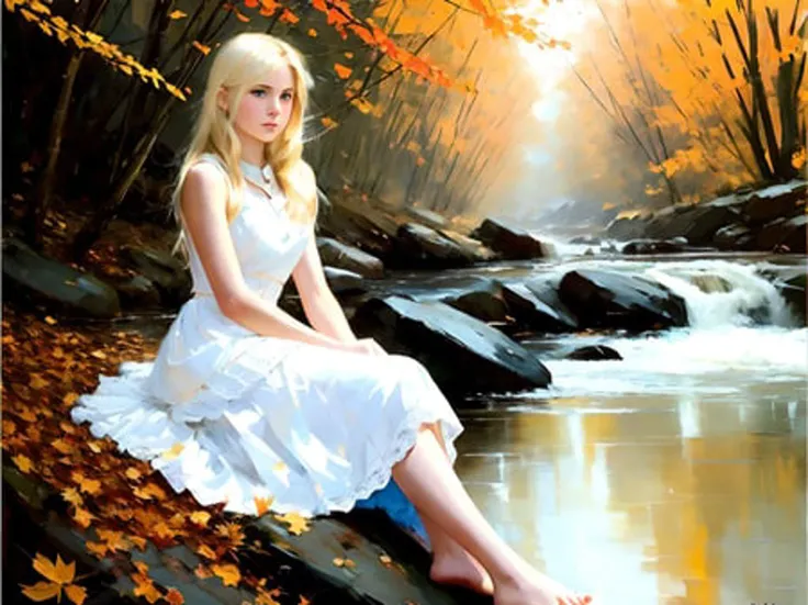 modelshoot style, (extremely detailed CG unity 8k wallpaper), full shot body photo of the most beautiful artwork in the world, (((14y old white girl,light blonde hair, blue eyes, wearing a long white dress, bare feet))), sitting by a stream in the woods of autumn leaves, professional majestic oil painting by Ed Blinkey, Atey Ghailan, Studio Ghibli, by Jeremy Mann, Greg Manchess, Antonio Moro, trending on ArtStation, trending on CGSociety, Intricate, High Detail, Sharp focus, dramatic, photorealistic painting art by midjourney and greg rutkowski