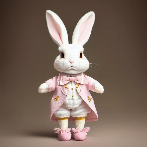 a vertically standing white rabbit wearing a white housecoat with golden stitching, two legs, (((a rabbit wearing pink rabbit slippers with rabbit face and rabbit ears on legs))), small symmetrical pink bow tie, HDR, super realistic, hyper realistic, hyper detailed, highly detailed, 4k, 8k, DSLR, photo, photo realistic