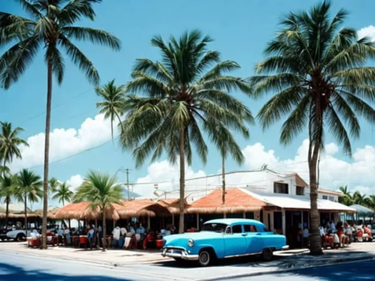 film 90s color photograph, little cuban resturant, ((1car)) parked infront of the resturant, focus on the car, people eating at the resturant, (palm trees in the background), blue sky with white clouds, fine details, volumetric lighting, slight filmgrain, shot with a VINTAGE NIKON F3 MF-14 CAMERA