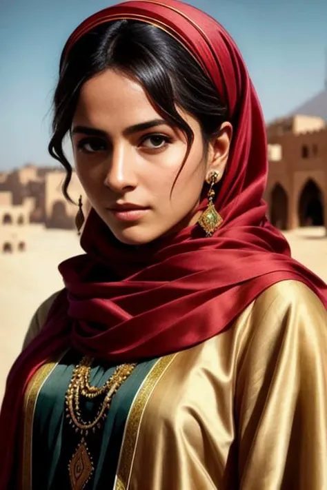 modelshoot style, (extremely detailed CG unity 8k wallpaper), full shot body photo of the most beautiful artwork in the world, (arabic princess), delicate silk clothes, arabian silk Hijab, magic, an arabic village with persian details in the background, hdr, photorealistic painting by Ed Blinkey, Atey Ghailan, Studio Ghibli, by Jeremy Mann, Greg Manchess, Antonio Moro, trending on ArtStation, trending on CGSociety, Intricate, High Detail, Sharp focus, dramatic, photorealistic painting art by midjourney and greg rutkowski