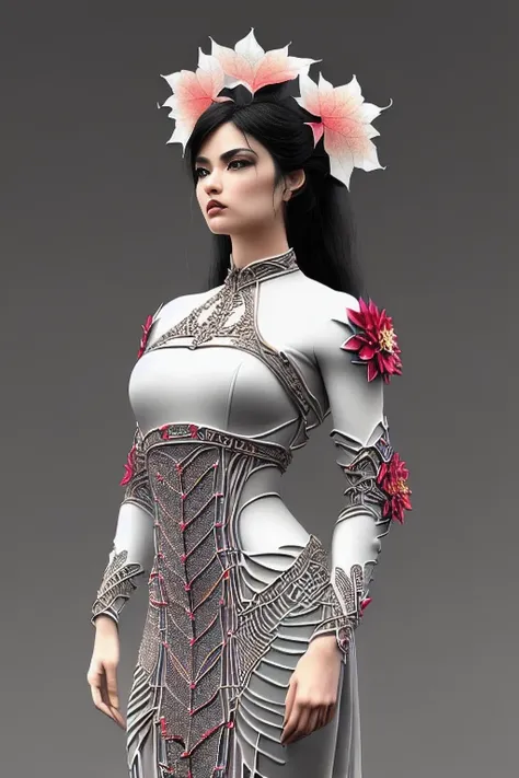 complex 3d render ultra detailed of a beautiful death angel, biomechanical cyborg, analog, 150 mm lens, beautiful natural soft rim light, big leaves and stems, roots, fine foliage lace, colorful details, samourai, Boris Bidjan Saberi outfit, pearl earring, piercing, art nouveau fashion embroidered, intricate details, mesh wire, mandelbrot fractal, anatomical, facial muscles, cable wires, microchip, badass, hyper realistic, ultra detailed, octane render, volumetric lighting, 8k post-production, red and white with a bit of black, detailled metalic bones, semi human, iridescent colors, Glenn Brown style, white room, power of the god, high-angle shot, complex body poses
