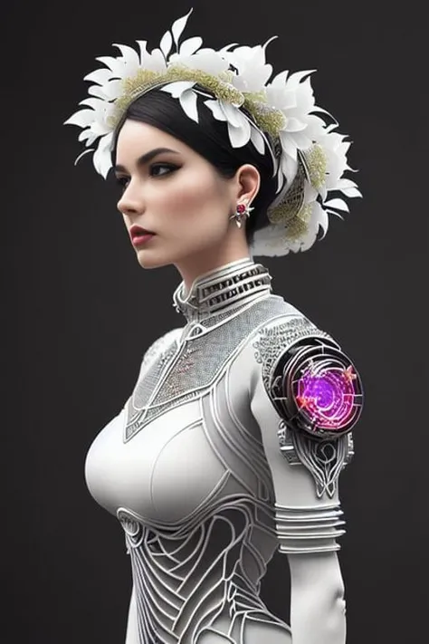 complex 3d render ultra detailed of a beautiful death angel, biomechanical cyborg, analog, 150 mm lens, beautiful natural soft rim light, big leaves and stems, roots, fine foliage lace, colorful details, samourai, Boris Bidjan Saberi outfit, pearl earring, piercing, art nouveau fashion embroidered, intricate details, mesh wire, mandelbrot fractal, anatomical, facial muscles, cable wires, microchip, badass, hyper realistic, ultra detailed, octane render, volumetric lighting, 8k post-production, red and white with a bit of black, detailled metalic bones, semi human, iridescent colors, Glenn Brown style, white room, power of the god, high-angle shot, complex body poses