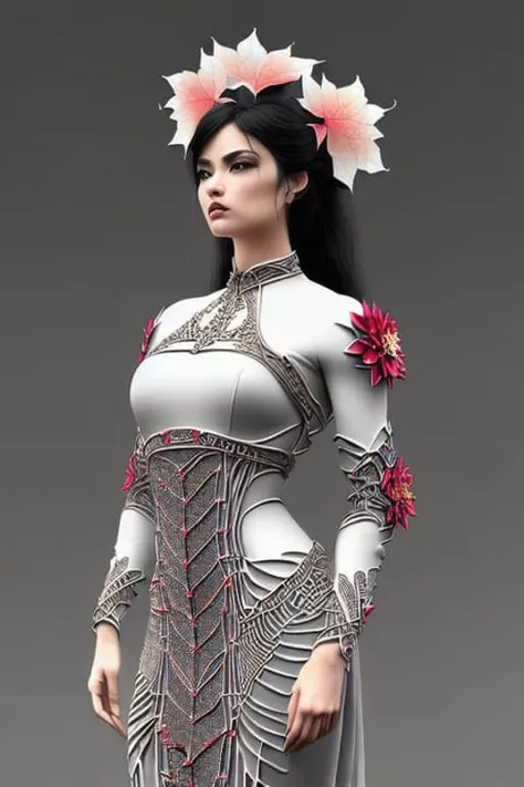 complex 3d render ultra detailed of a beautiful death angel, biomechanical cyborg, analog, 150 mm lens, beautiful natural soft rim light, big leaves and stems, roots, fine foliage lace, colorful details, samourai, Boris Bidjan Saberi outfit, pearl earring, piercing, art nouveau fashion embroidered, intricate details, mesh wire, mandelbrot fractal, anatomical, facial muscles, cable wires, microchip, badass, hyper realistic, ultra detailed, octane render, volumetric lighting, 8k post-production, red and white with a bit of black, detailled metalic bones, semi human, iridescent colors, Glenn Brown style, white room, power of the god, high-angle shot, complex body poses