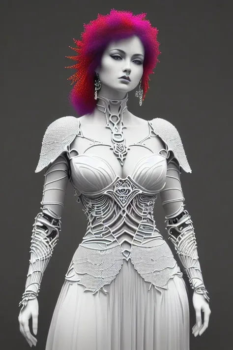 complex 3d render ultra detailed of a beautiful death angel, biomechanical cyborg, analog, 150 mm lens, beautiful natural soft rim light, big leaves and stems, roots, fine foliage lace, colorful details, samourai, Boris Bidjan Saberi outfit, pearl earring, piercing, art nouveau fashion embroidered, intricate details, mesh wire, mandelbrot fractal, anatomical, facial muscles, cable wires, microchip, badass, hyper realistic, ultra detailed, octane render, volumetric lighting, 8k post-production, red and white with a bit of black, detailled metalic bones, semi human, iridescent colors, Glenn Brown style, white room, power of the god, high-angle shot, complex body poses